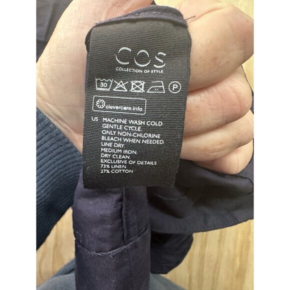 COS Sz 2 Navy Linen Shirt Top Puffy Sleeves V Neck Lightweight Blue - Picture 4 of 7